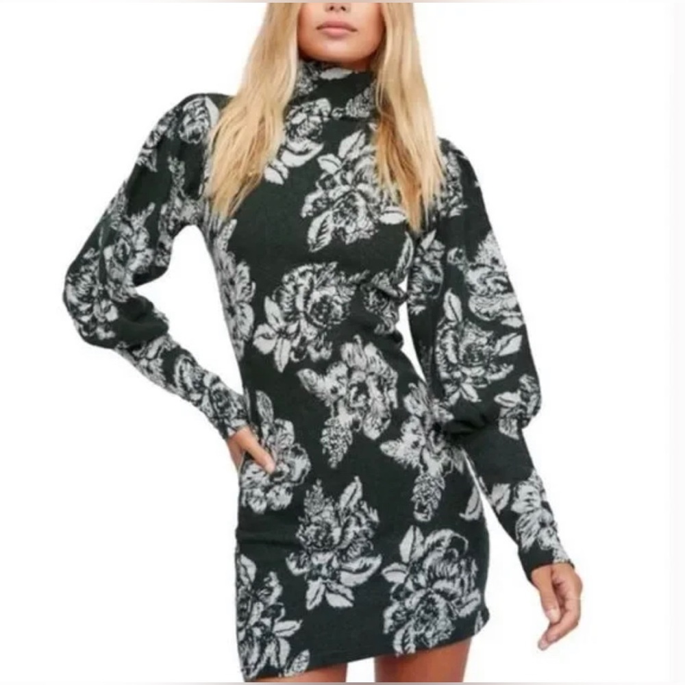 NWT - Free People Floral Sweater Dress Small Green Balloon Sleeve Mini